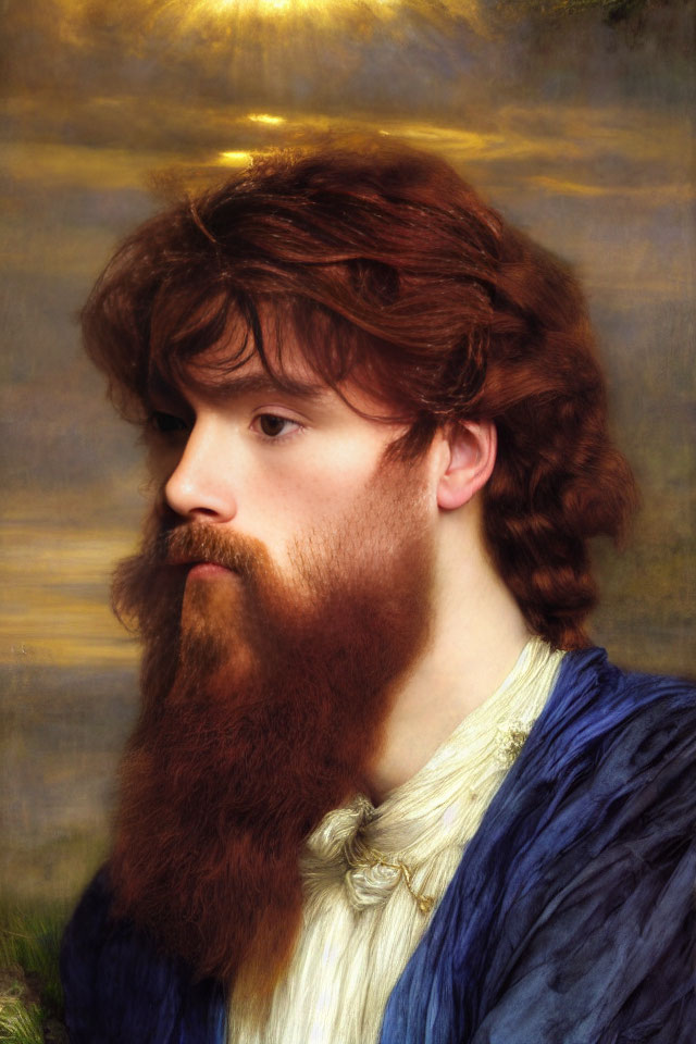 Man with Long Auburn Hair and Beard in Classical Blue Clothing Portrait