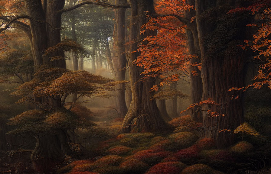 Mystical forest with ancient trees and colorful underbrush
