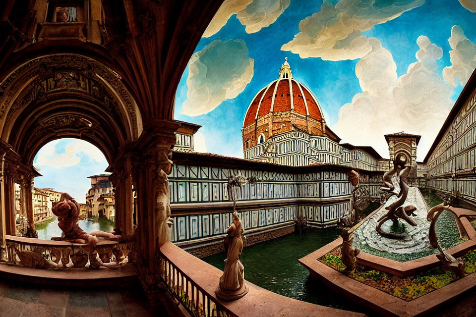Warped Perspective of Florence Cathedral with Detailed Sculptures and Ornamented Corridor