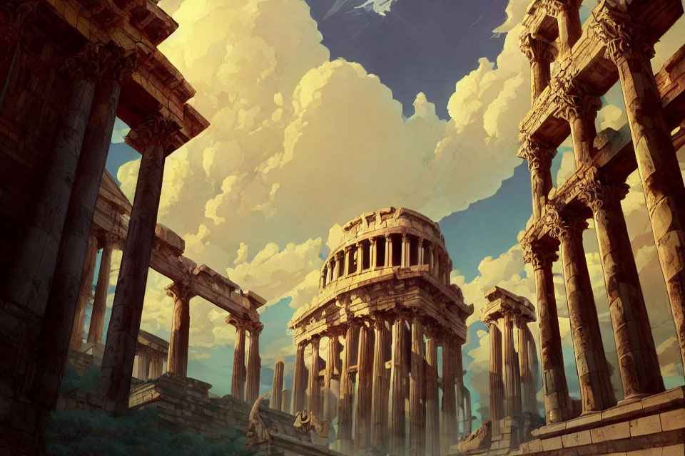 Ancient Greek-style ruins with towering columns and central rotunda under blue sky.