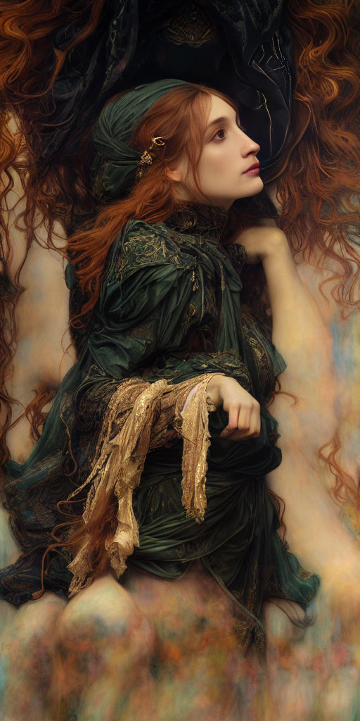 Red-haired woman in green and gold medieval dress surrounded by autumnal colors