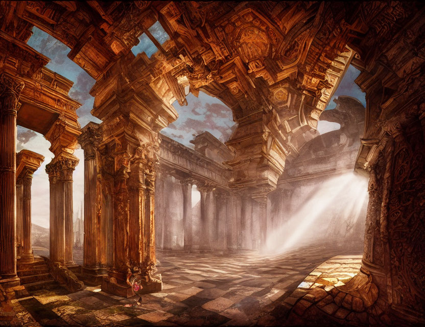 Fantasy Temple Interior with Sunbeams and Ornate Architecture