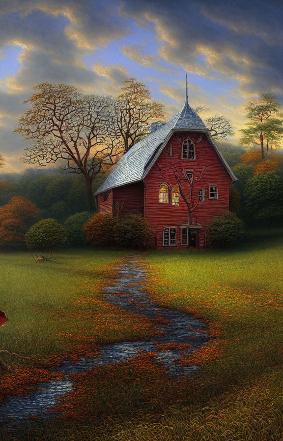 Red house with spire roof in serene autumn landscape, winding path, bare trees, colorful dusk sky