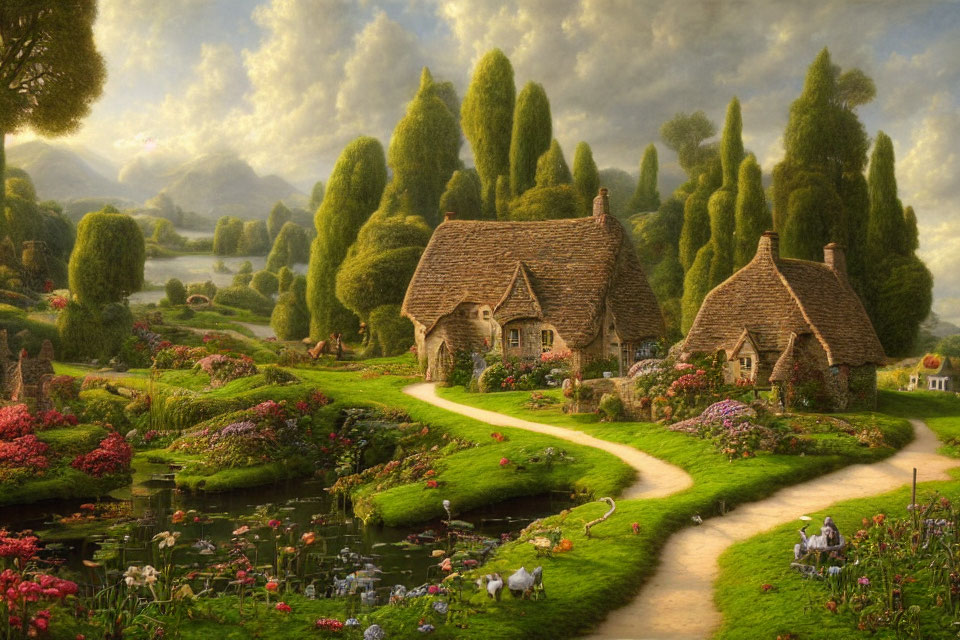 Tranquil pastoral scene with thatched cottages, winding path, lush greenery, colorful flowers