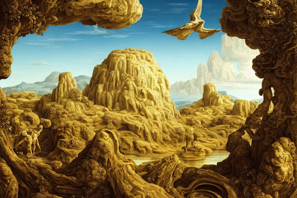 Surreal landscape with twisted rock formations and flying bird
