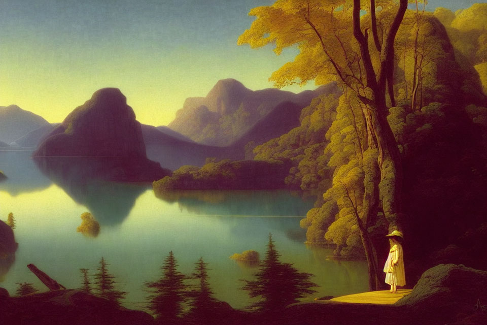 Serene lake view with figure in white, lush greenery, and misty mountains at golden hour