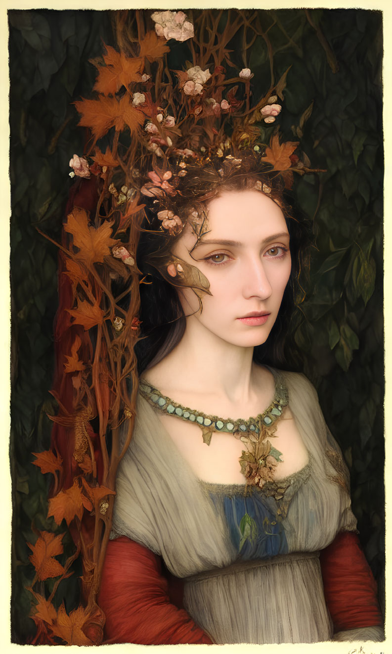 Portrait of Woman Wearing Autumn Crown and Dress