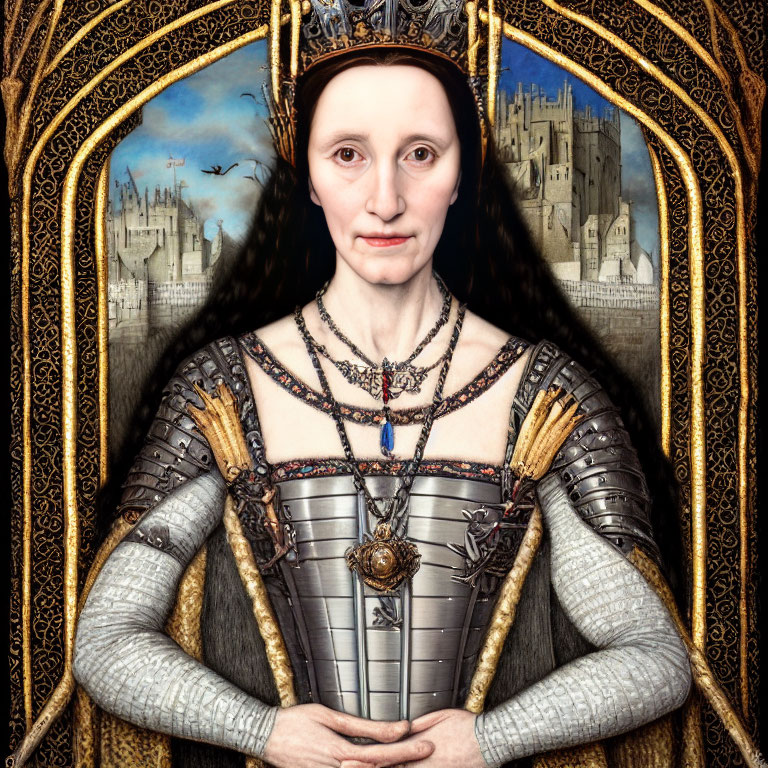 Medieval armor-clad woman with crown in gothic castle setting.