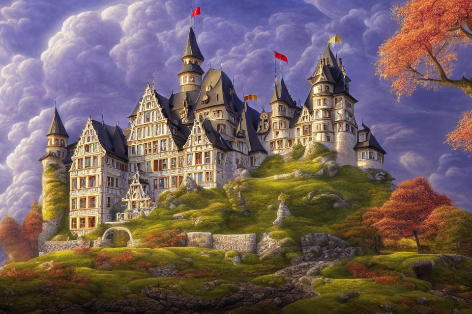 Majestic castle with spires and red flags on hill amid autumn trees under dramatic sky