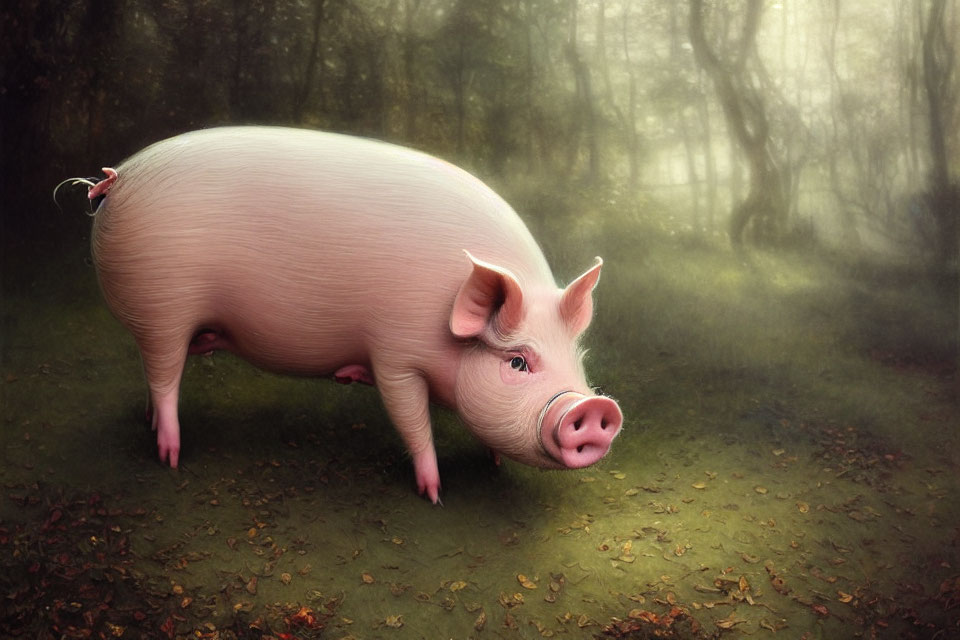 Plump pink pig in misty forest with fallen leaves
