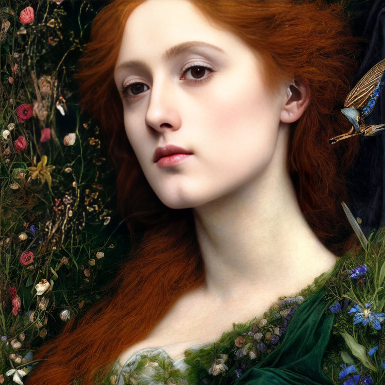 Young woman portrait with red hair and serene expression, surrounded by flora and fauna details
