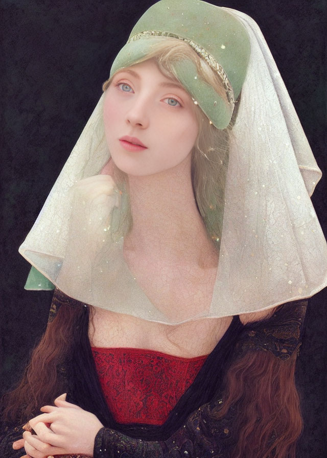 Pale-skinned woman in medieval attire with blue eyes and red bodice, appearing contemplative