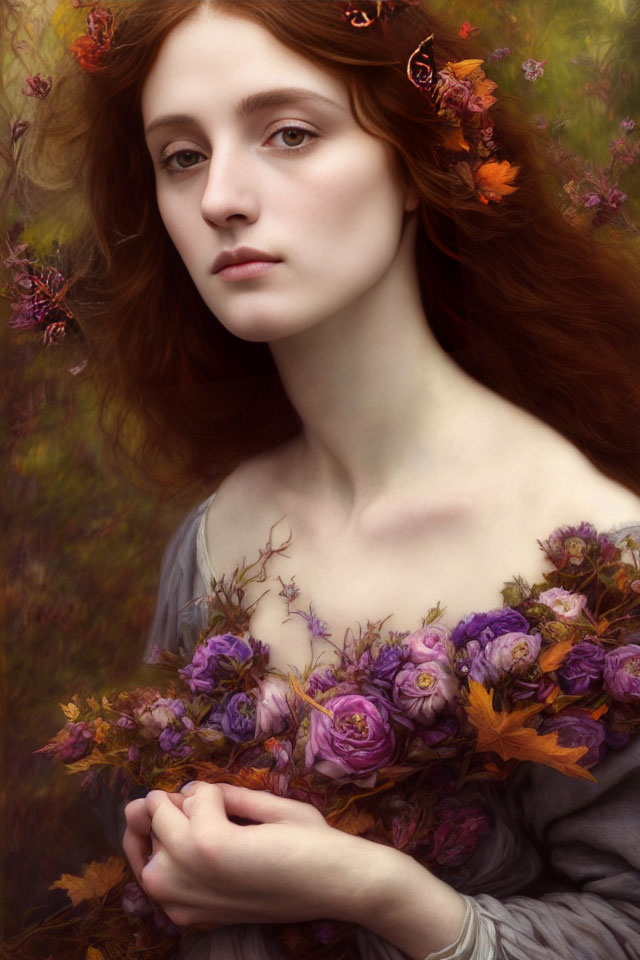 Portrait of Woman with Red Hair and Autumn Leaves, Purple Roses Dress