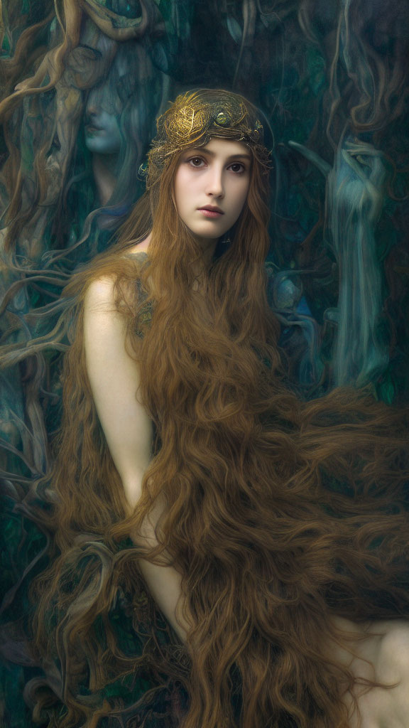 Auburn-Haired Woman with Golden Headpiece in Mystic Forest