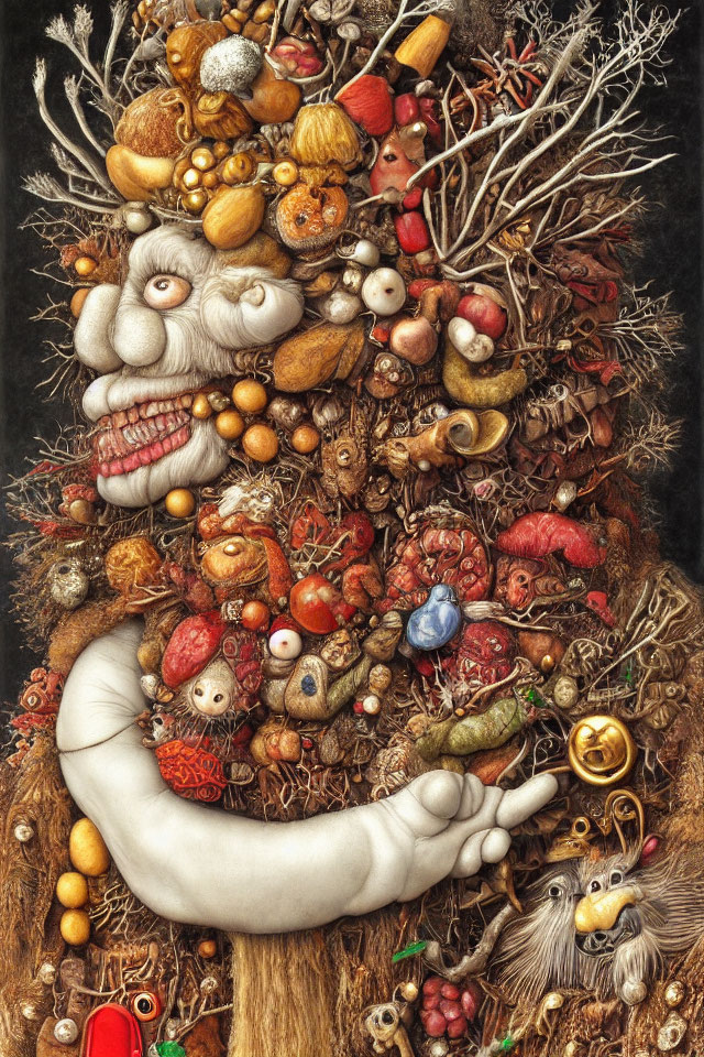 Intricate artwork featuring hidden face among assorted objects