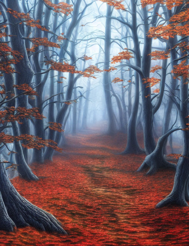 Misty autumn forest path with leafless trees and red leaves