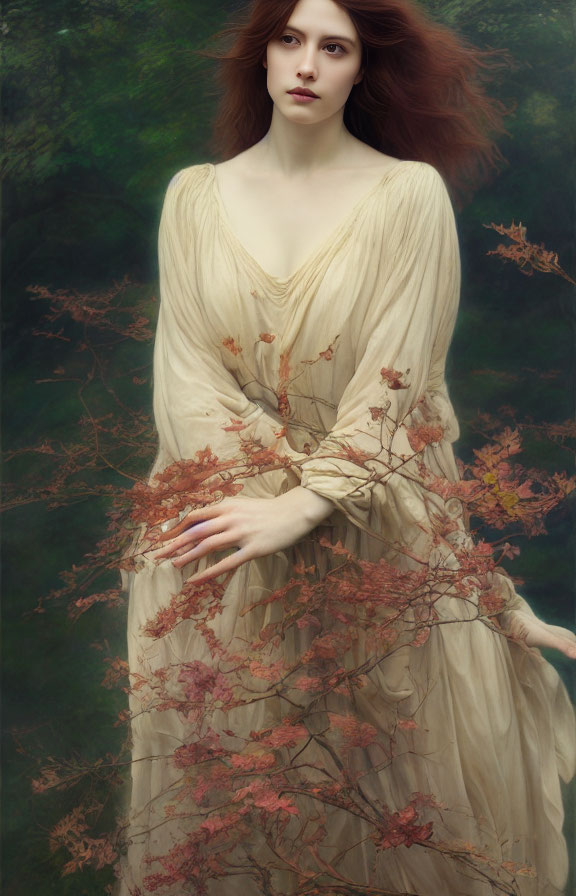 Woman with Red Hair in Autumn Leaf Gown Stands in Forest