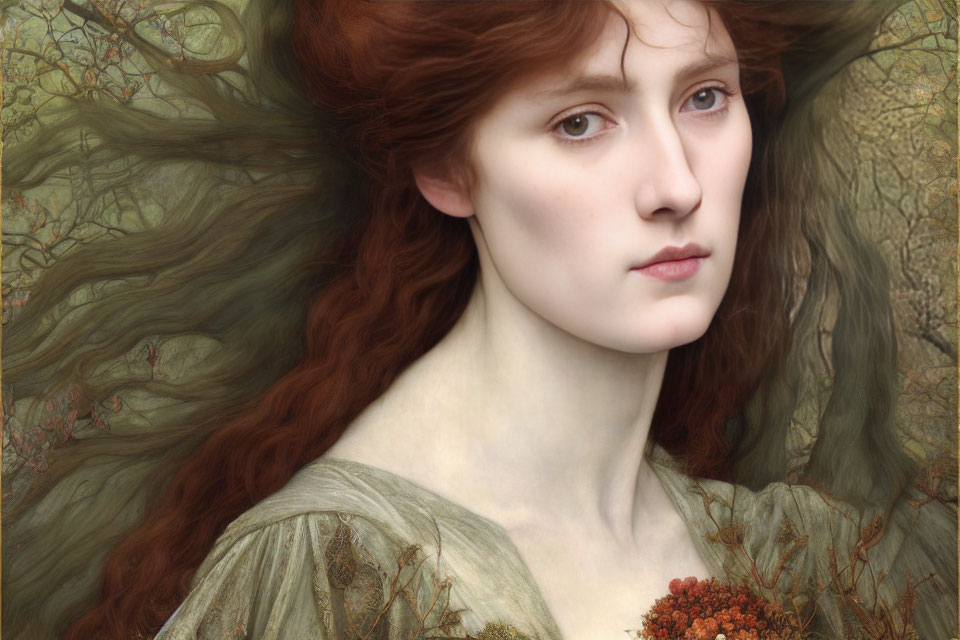 Portrait of Woman with Flowing Red Hair in Green Dress with Flowers