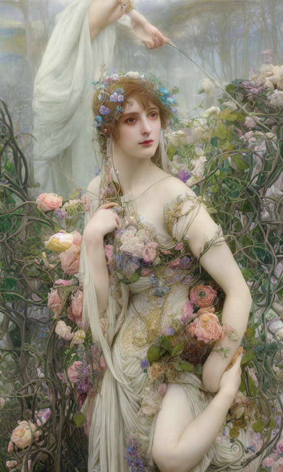 Woman in floral wreath surrounded by roses and foliage in serene garden