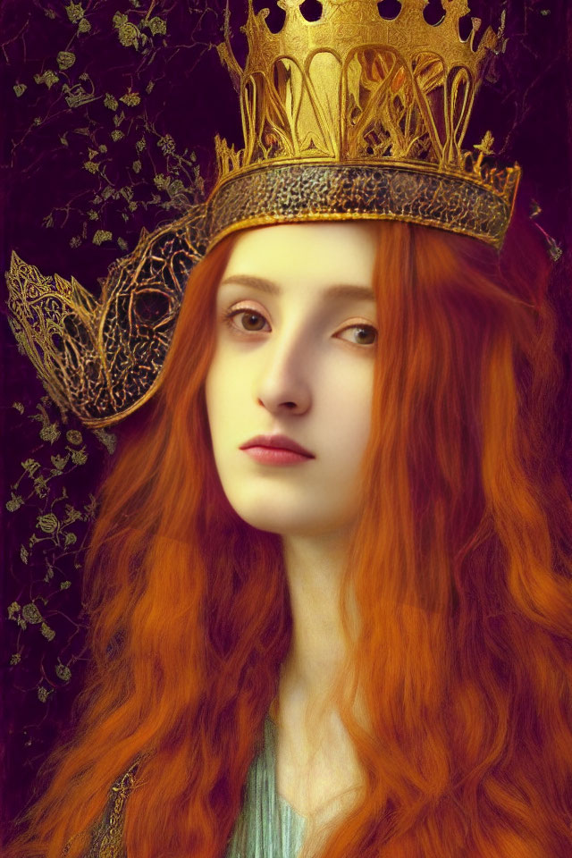 Portrait of person with long red hair in golden crown against dark floral background