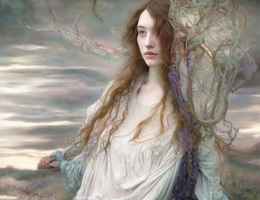 Woman with flowing hair in ethereal gown under dreamy sky