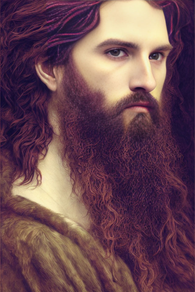 Bearded man with intense gaze, fur garment, and headband portrait.