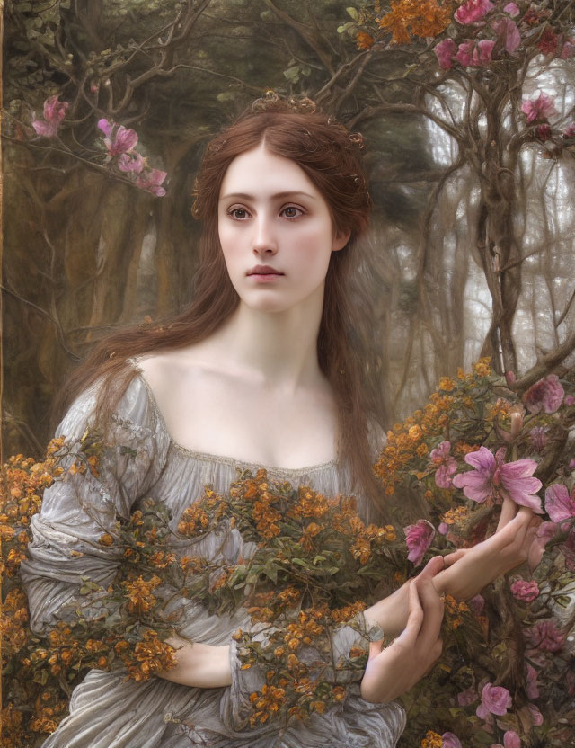 Woman with Floral Crown in Dreamy Forest Holding Blossom Branch