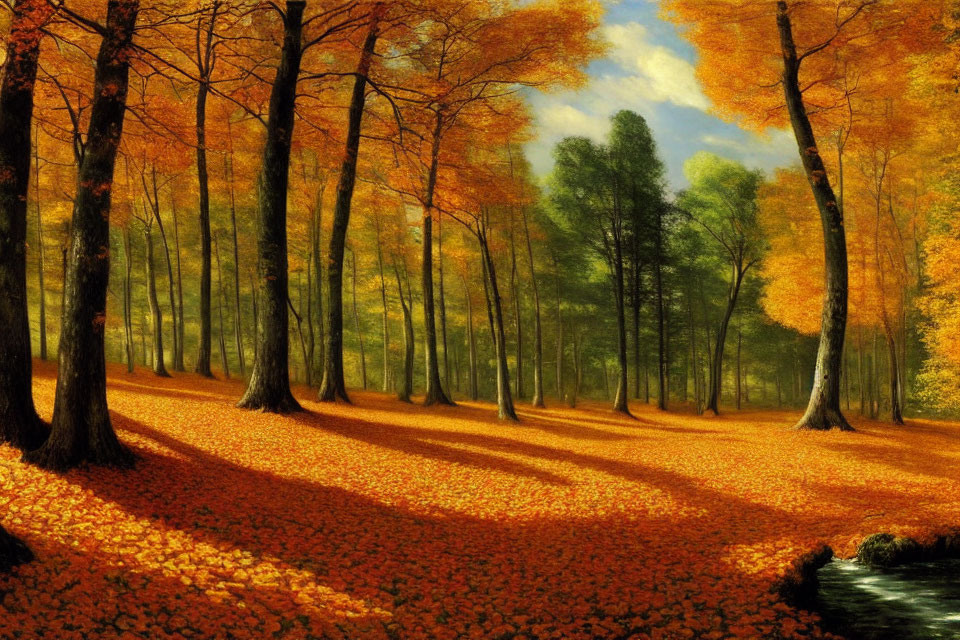 Tranquil autumn forest with tall trees and golden leaves