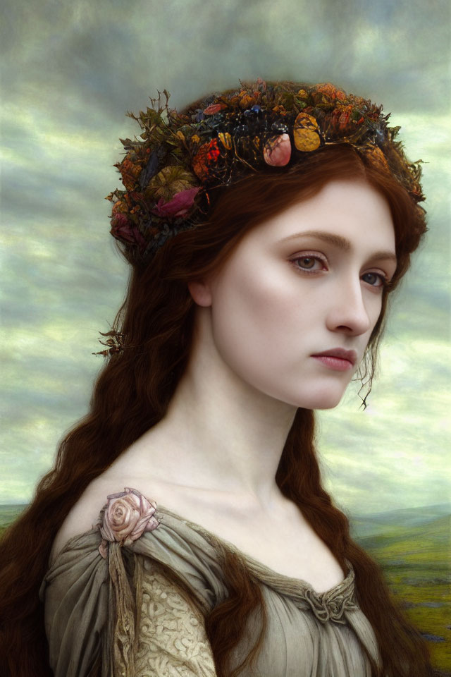 Red-haired woman with flower crown against cloudy sky.