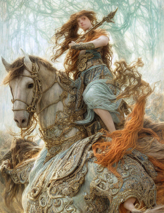 Woman in ornate armor on white horse with sword in mystical forest