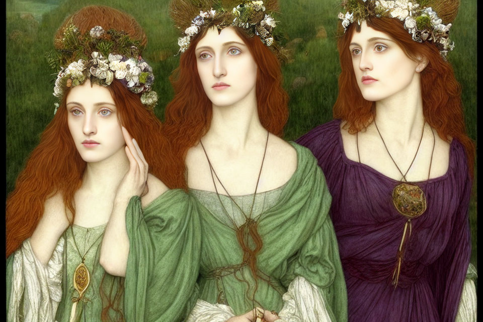 Three women in floral crowns and flowing robes in a green field - Pre-Raphaelite style.