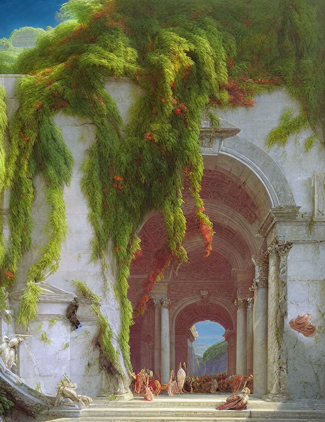 Classical stone structure entrance with lush greenery, red flowers, and statues