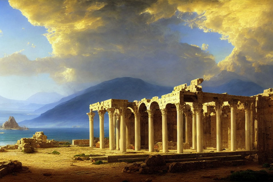 Classical columns ruins near sea with mountain backdrop under dramatic sky