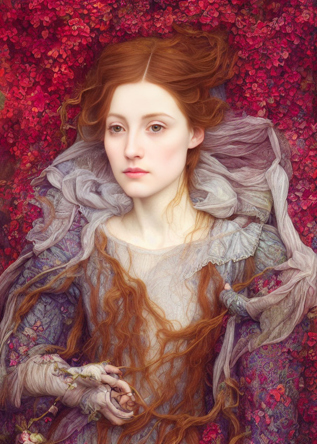 Red-haired woman in gossamer gown surrounded by pink flowers.