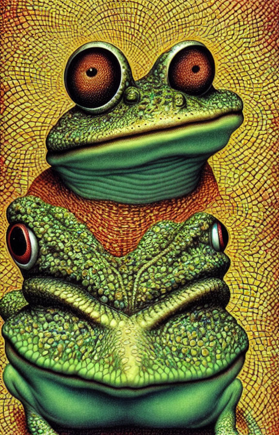 Detailed surreal green frog illustration with orange eyes on crackled yellow background