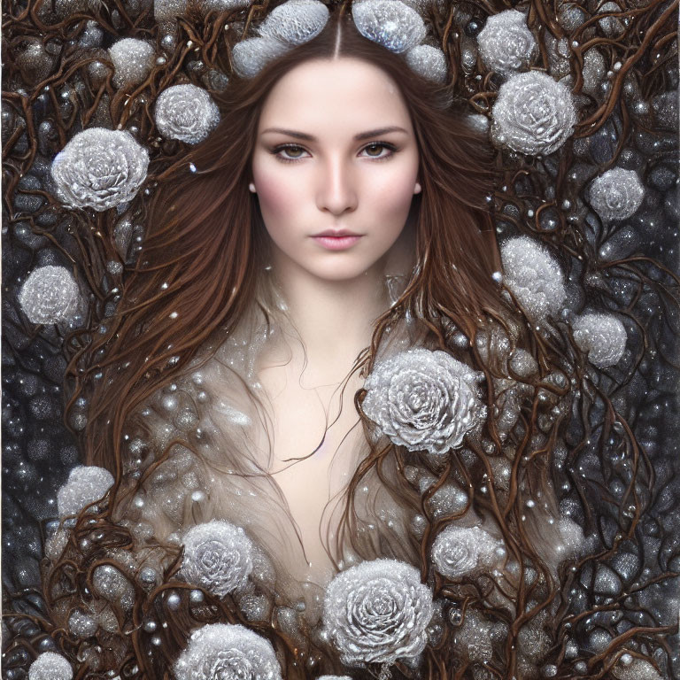 Woman in intricate floral fantasy setting.
