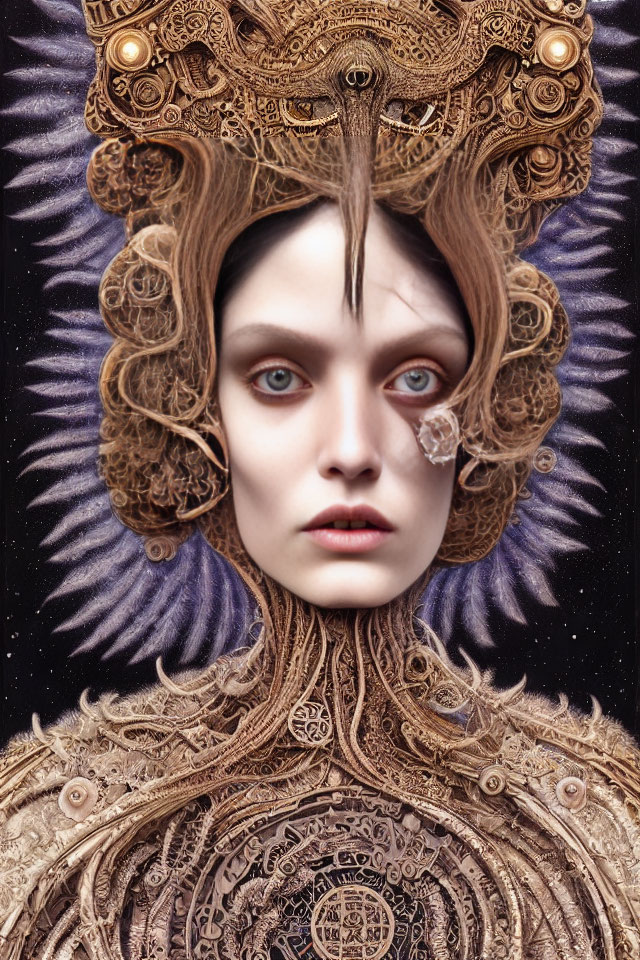 Steampunk-themed digital art of woman with ornate headgear and cogwheel details