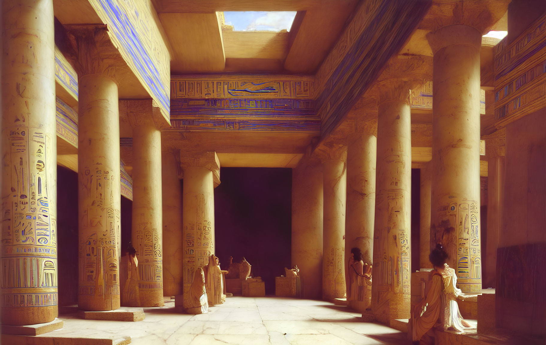 Ancient Egyptian temple with hieroglyph-covered columns and statues