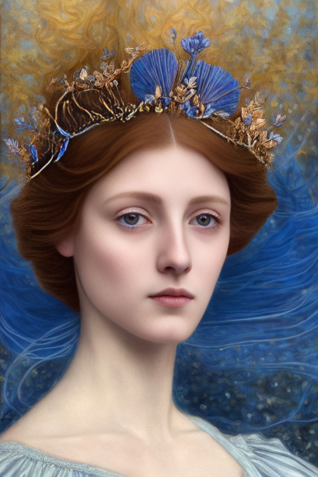 Woman portrait with ornate floral crown and blue background