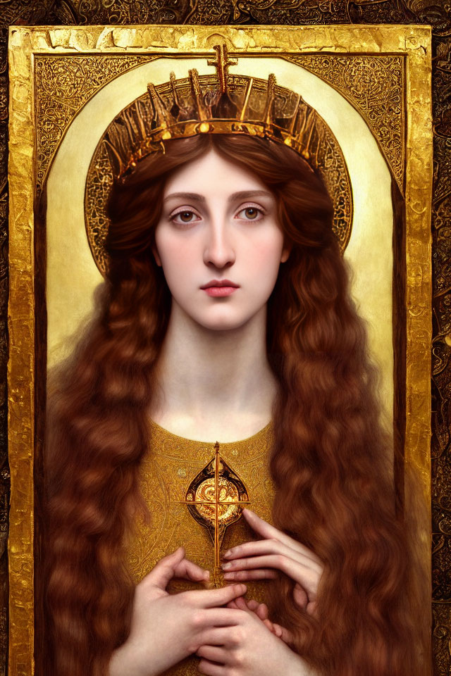 Woman with Long Wavy Hair Holding Cross in Crowned Portrait