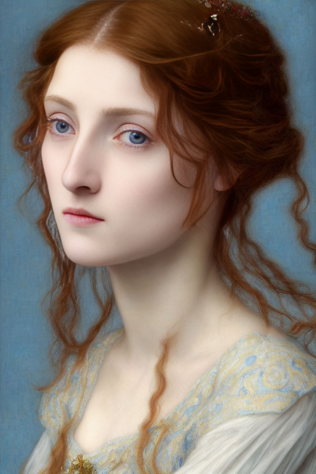 Portrait of Woman with Auburn Hair, Blue Eyes, and Lace Dress
