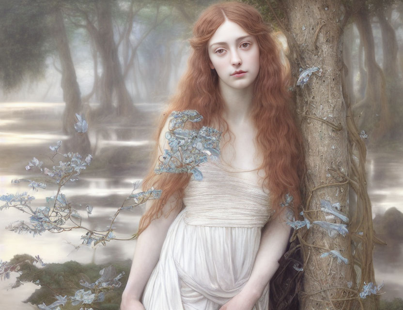 Ethereal woman with long red hair in cream gown in misty woods