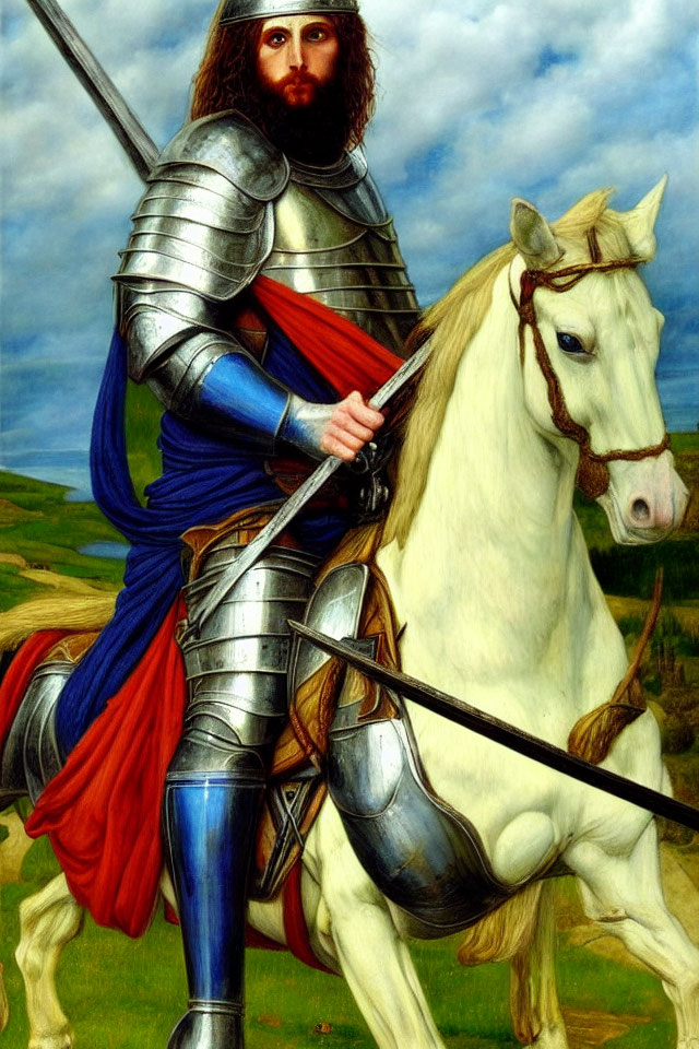 Knight in shining armor on white horse with red cape and lance against landscape.