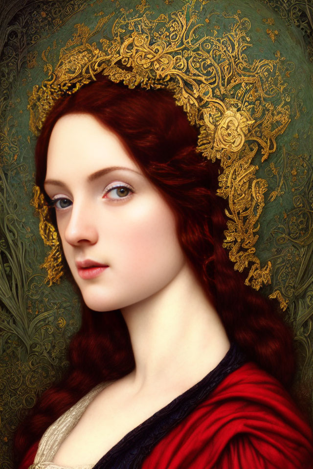 Portrait of Woman with Red Hair, Gold Headpiece, Blue Eyes