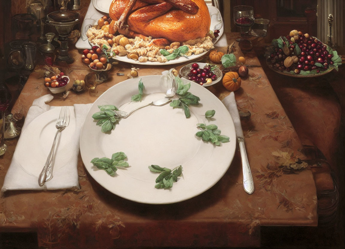 Thanksgiving-themed table setting with roasted turkey, fruits, nuts, silverware, and leaf-decor