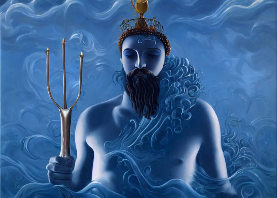 Blue-skinned figure with trident and crown in serene water-themed artwork