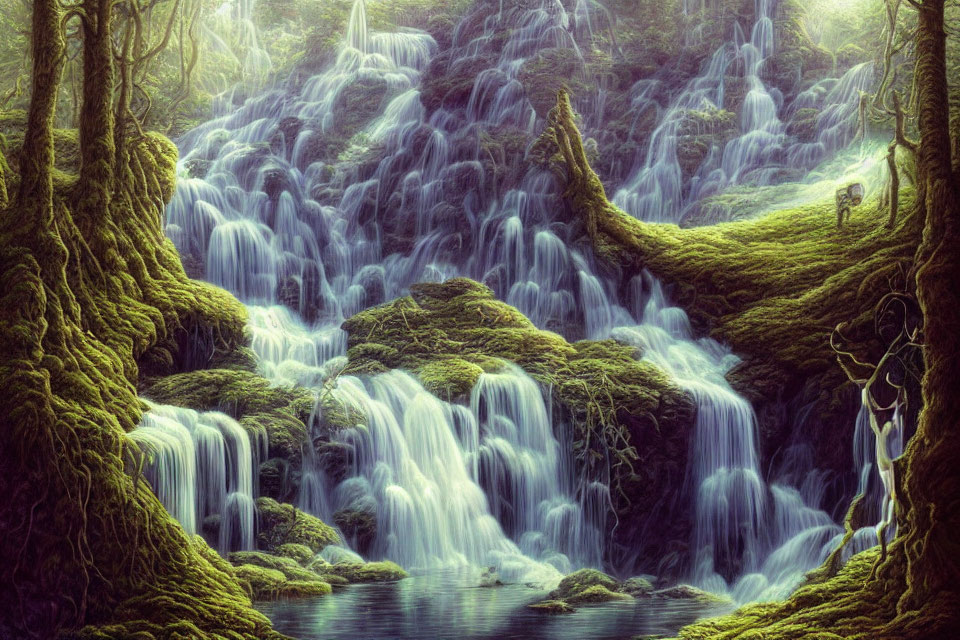 Moss-Covered Trees and Waterfalls in Enchanted Forest