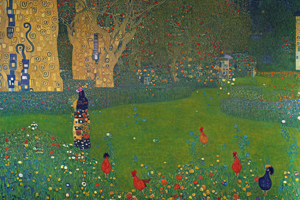 Colorful painting of a woman in patterned dress in a meadow with trees and roosters