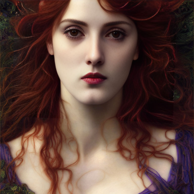 Red-haired woman with intense gaze in dark greenery
