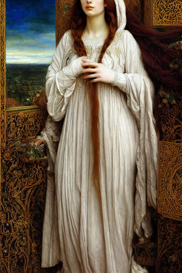 Pre-Raphaelite Style Painting of Woman in White Robes